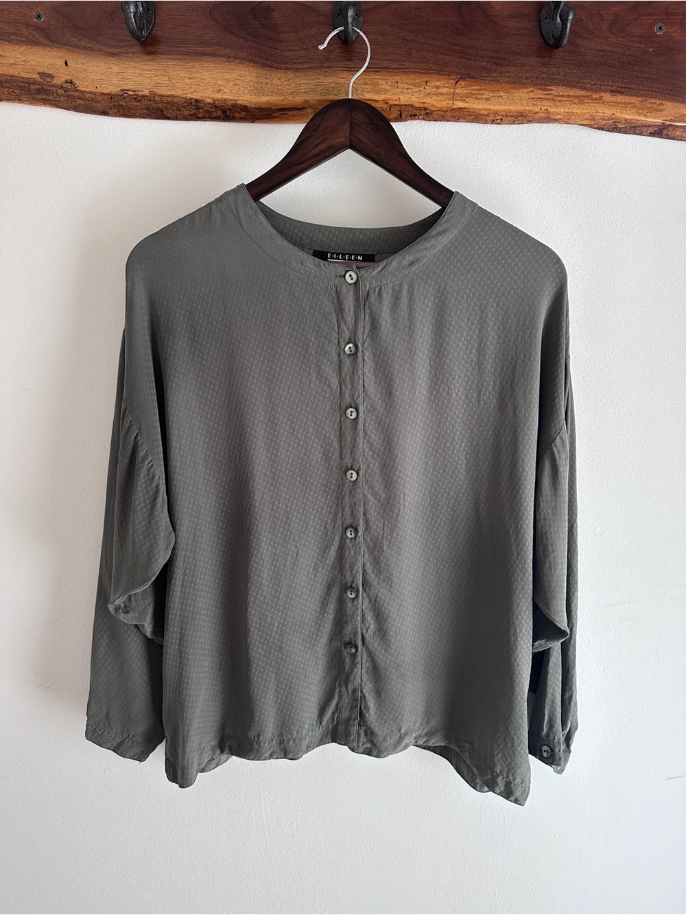 Eileen Fisher 100% Silk Blouse | Textured Taupe | Minimalist Classic | S/M
